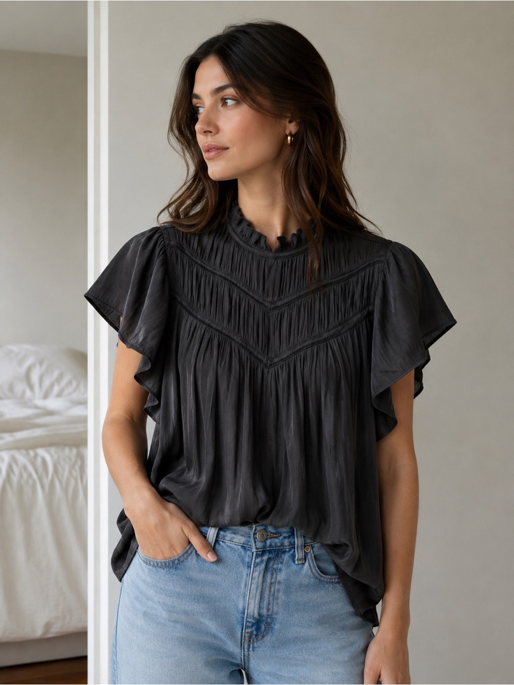 Joie Black Smocked Yoke Flutter Sleeve Blouse